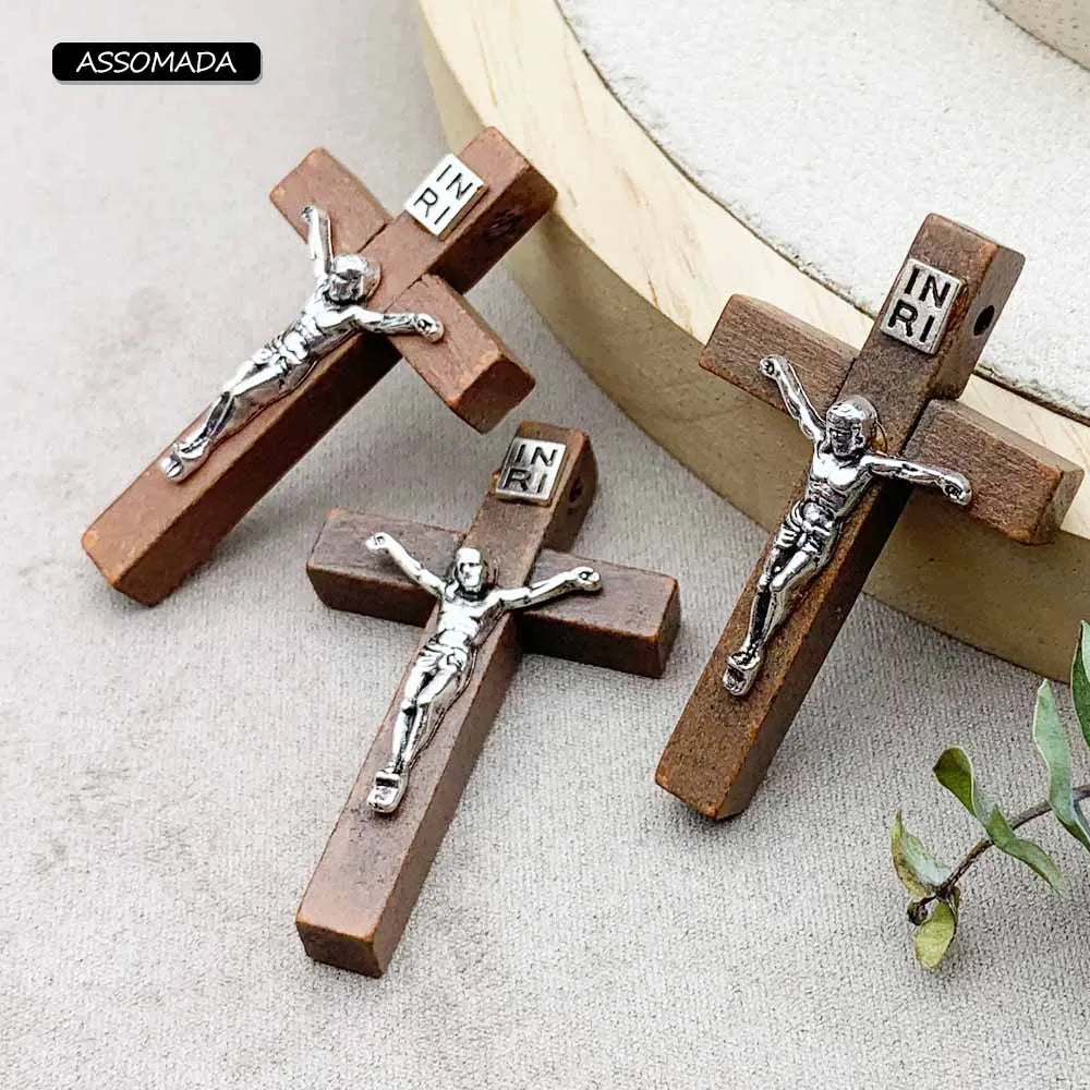 ASSOMADA 6pcs Wooden Cross Jesus Pendant For Jewelry Making Necklaces Christian Crosses Charms Accessories DIY Supplies