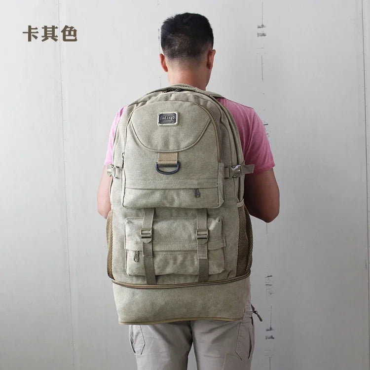 60L Large Capacity Outdoor Hiking Camping Backpack Men's Canvas Luggage Work Bag Tactical Rucksack Climbing Travel Back Pack