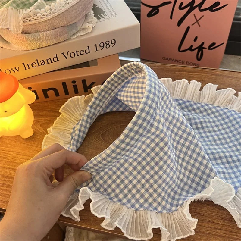 Red Woven Plaid Lace Hair Scarf Wraps Women Retro Triangle Headscarf Hat Travel Photo Headband Girl Hair Accessories