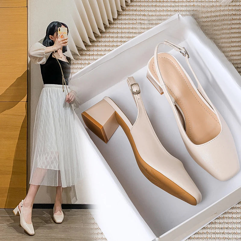 shoes suqare toe leather sandals women thick high heels summer shoes back strap green  big size 43