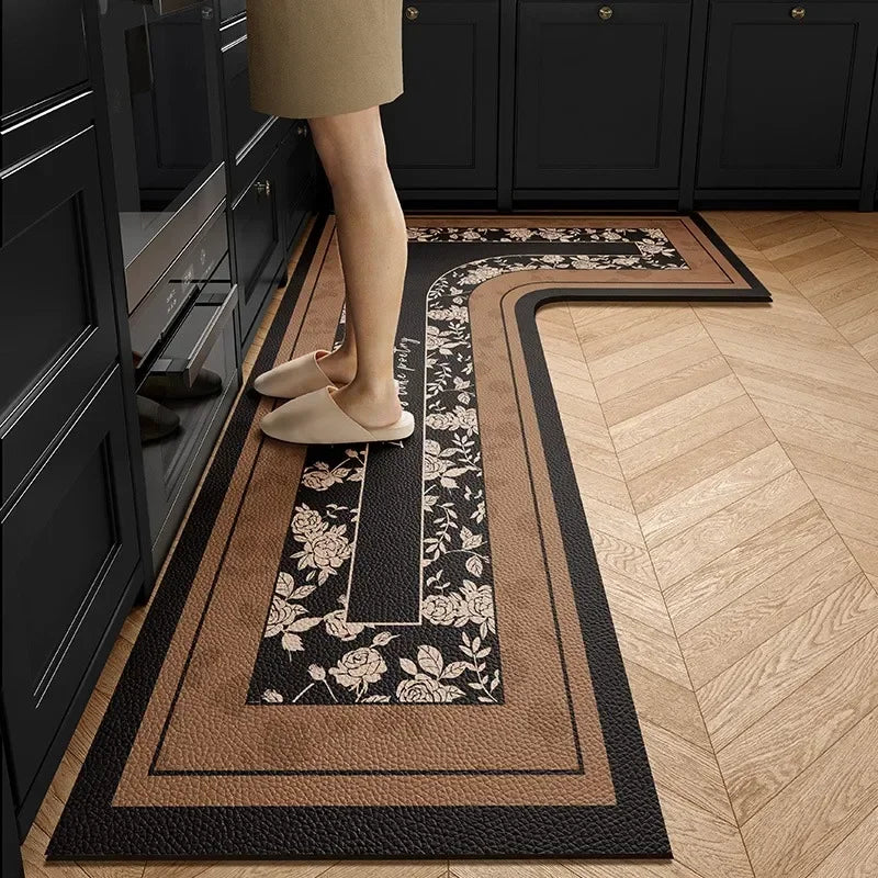 Kitchen Carpet L-shape Rug Brown Retro Waterproof Dirt-resistant Floor Mat Light Luxury Floral Anti-Slip Foot Mats Ковер Tapis