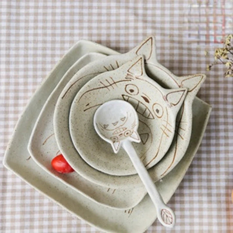Japanese Hand Drawn Cartoon Cat Clay Spoon Handmade Ceramic Dessert Spoons Small Rice Soup Spoon Kitchen Tableware Coffee Scoop