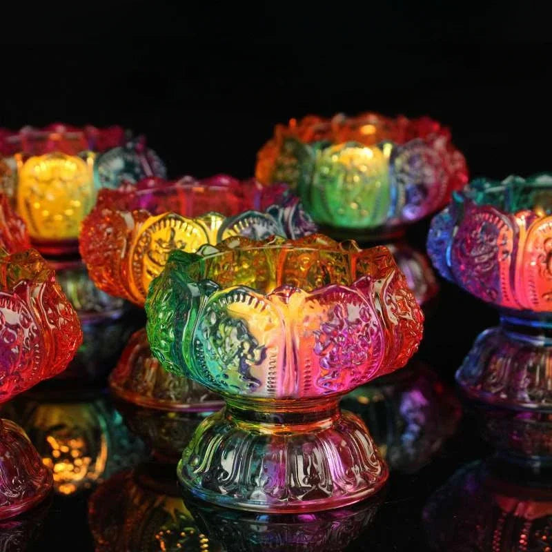 Colorful Glass Lamp New Liquid Butter Lamp Base Ornament Lotus Glass Base Oil Lamp Tribute Candle Pedestal Crafts Home Decoratio