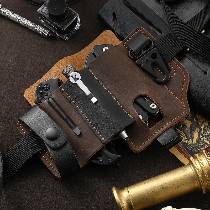 Genuine Cowhide Leather With Buckle Outdoor Portable Tactical Multifunction Belt Holster Pocket EDC Multitool Sheath Hunting Bag