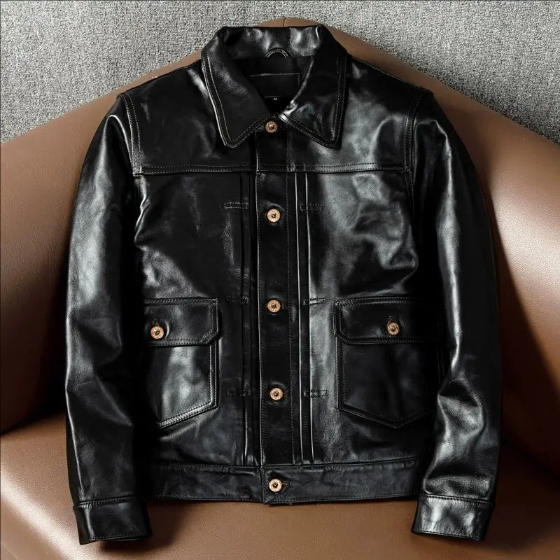 CC Shop Best.Classic American work leather jacket.Tea core Horsehide.Mens 100% natural leather coat.Vintage Denim 506 cloth