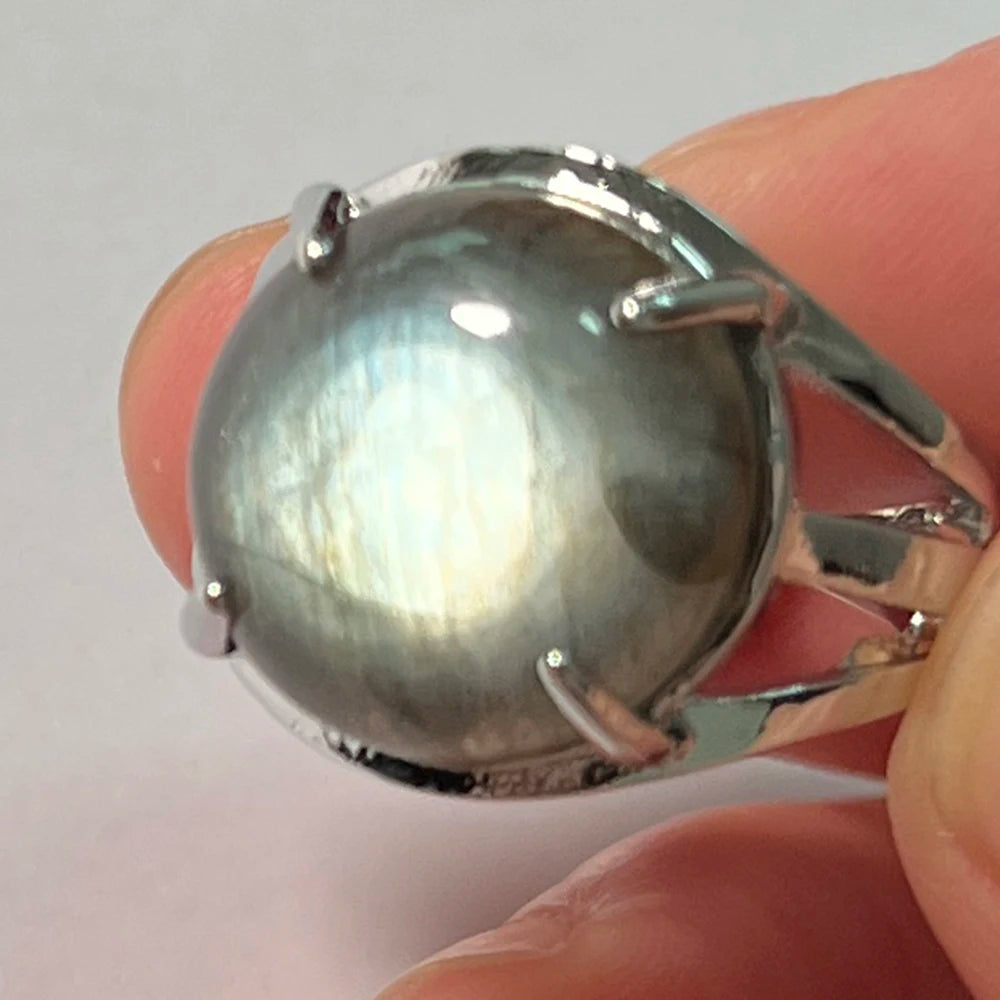 Ring Natural Stone Round Bead Blue Labradorite Adjustable Finger