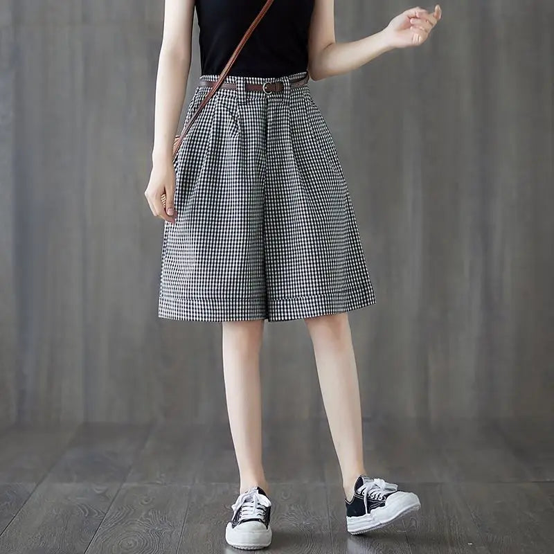 Cotton Linen Loose Plaid Large Size Wide Leg Women Summer Simplicity Office Lady Straight Fashion Appear Thin Casual Shorts