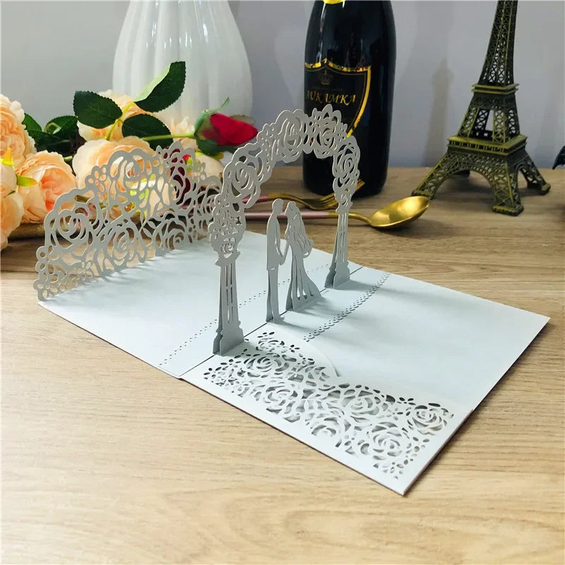 3D Bride And Groom Rose Gold Pop up Wedding invitations laser cut Greeting cards envelope Rsvp Navy blue White Pink