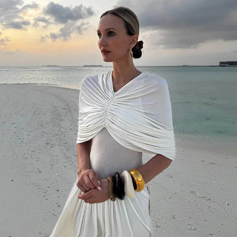 Elegant Shawl Long Party Dress Women Blue Asymmetric High Waist Pleated Female Beach Dresses 2025 Spring Summer Evening Gowns