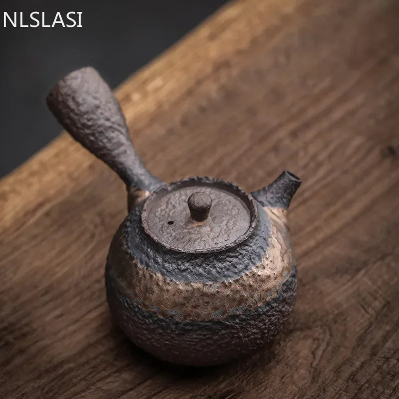 Japanese Rough Pottery Stone Pattern Pot Side Handle Handmade Teapot Retro Ceramic Tea Set Pu'er Tea Maker Portable Tea Pot