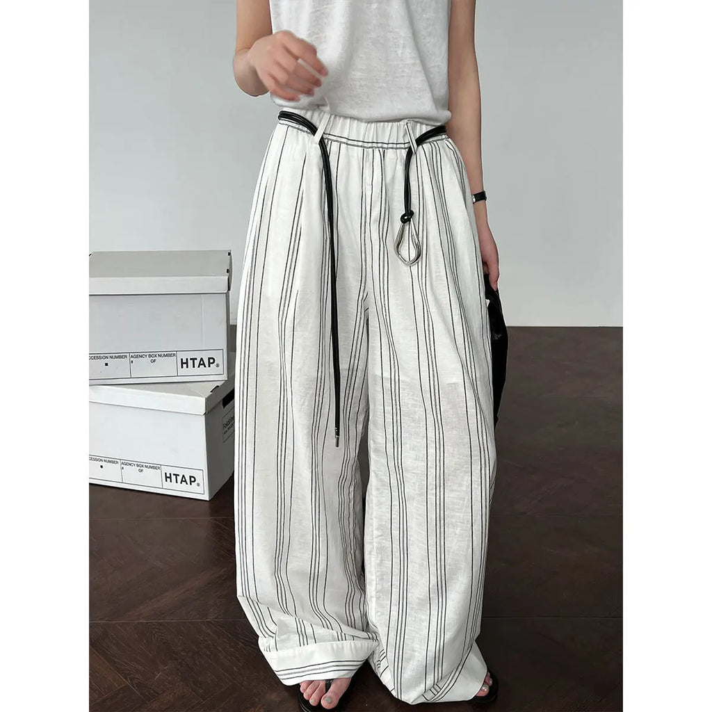 Cotton Linen Bohemian  Long Pant Old Money Style Striped Elastic Casual Pants Women Summer Waist Belt Lazy Wide Legs Pants