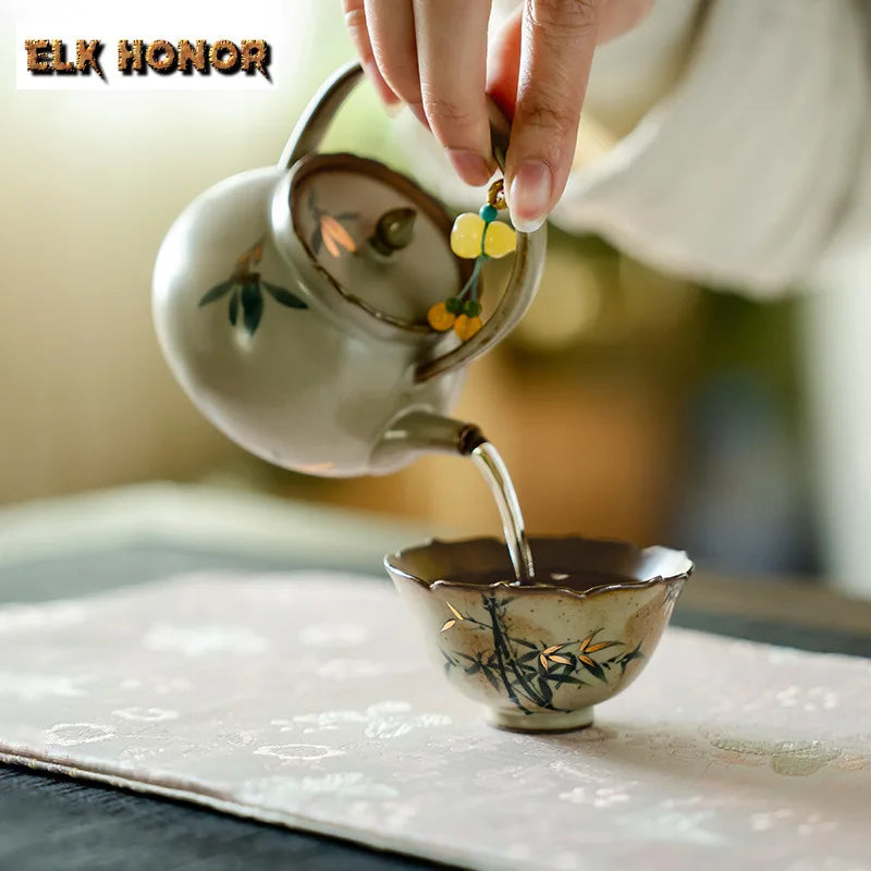 45ml Ancient Kilns Change Ceramic Tea Bowl Pure Hand-painted Blue Bamboo Petals Tea Cup Ladies' Master Cup Chazhan Tea Set Gift