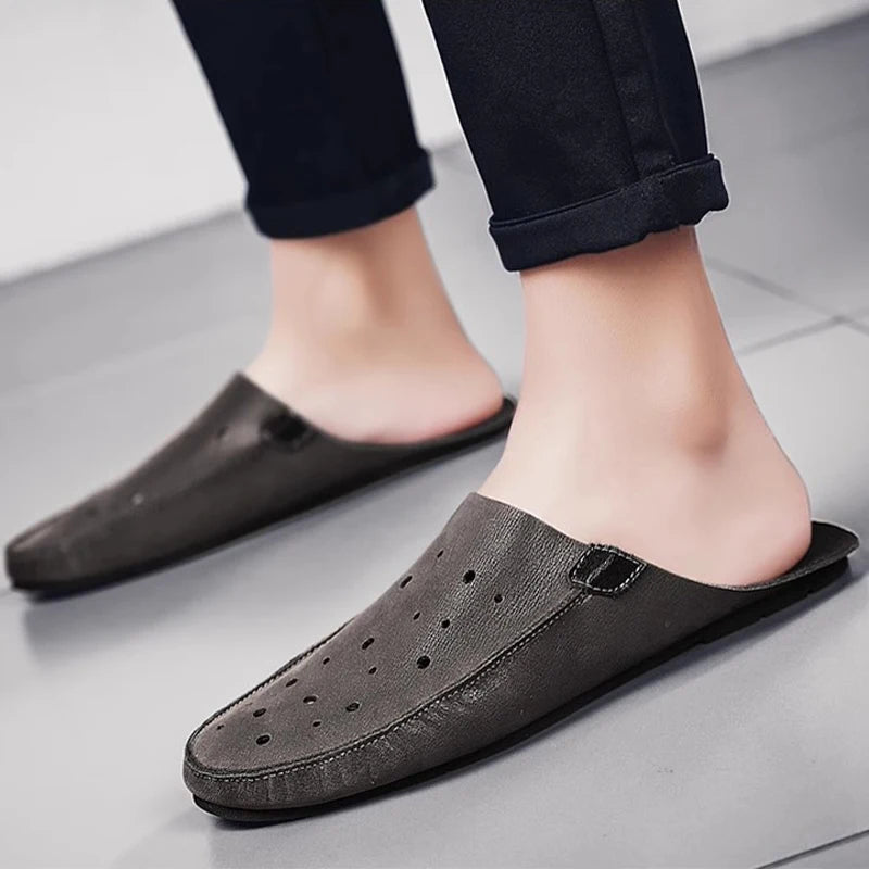 Genuine Leather Slippers For Men Slip on Flats Shoes Walking Shoes Men Half Slippers Comfortable  Household Casual Beach Sandals