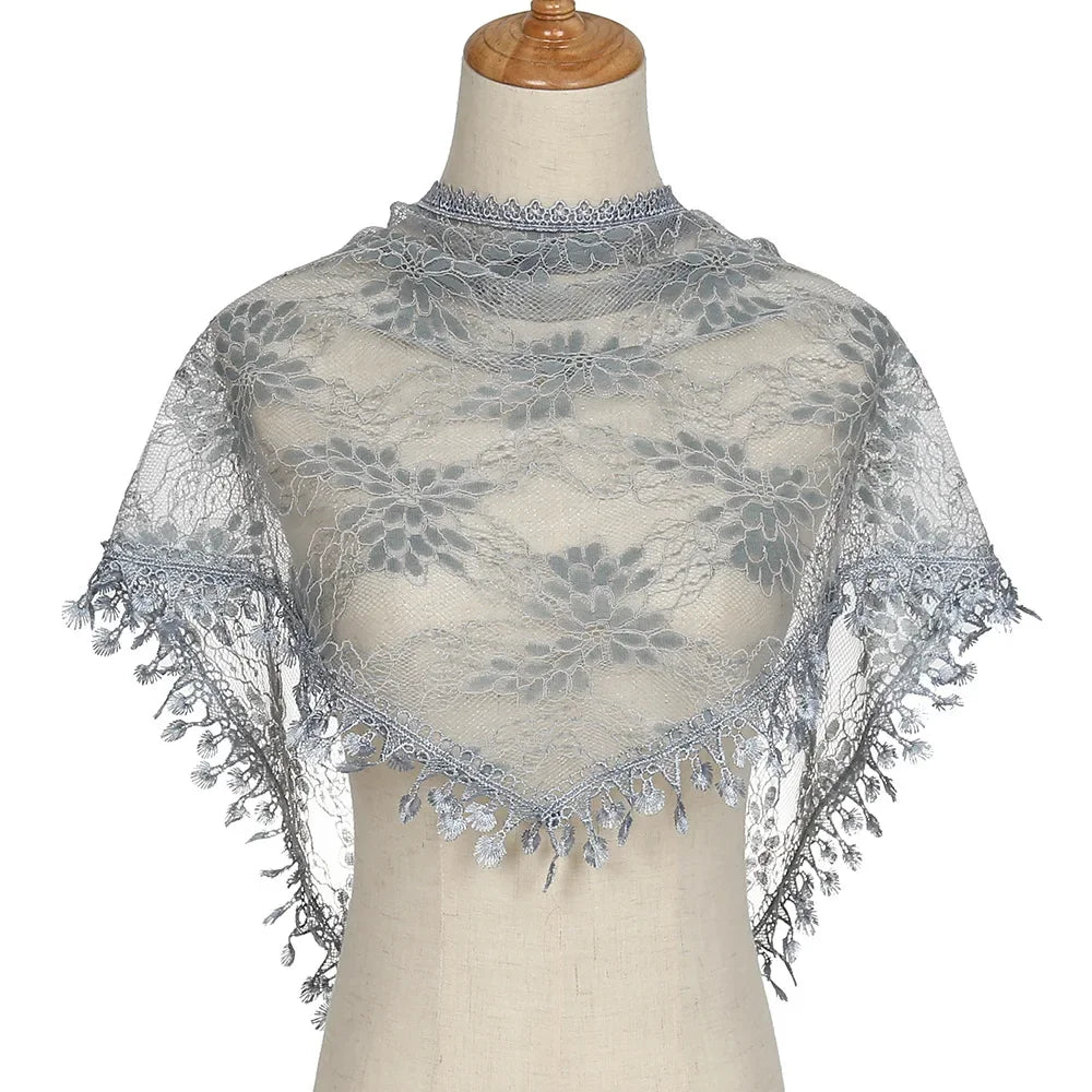 Fashion Women Triangle Wrap Fringed Shawls Head Scarf Tassel Embroidery Lace Scarves Flower Hijab Bandana Prayer Kerchief Church