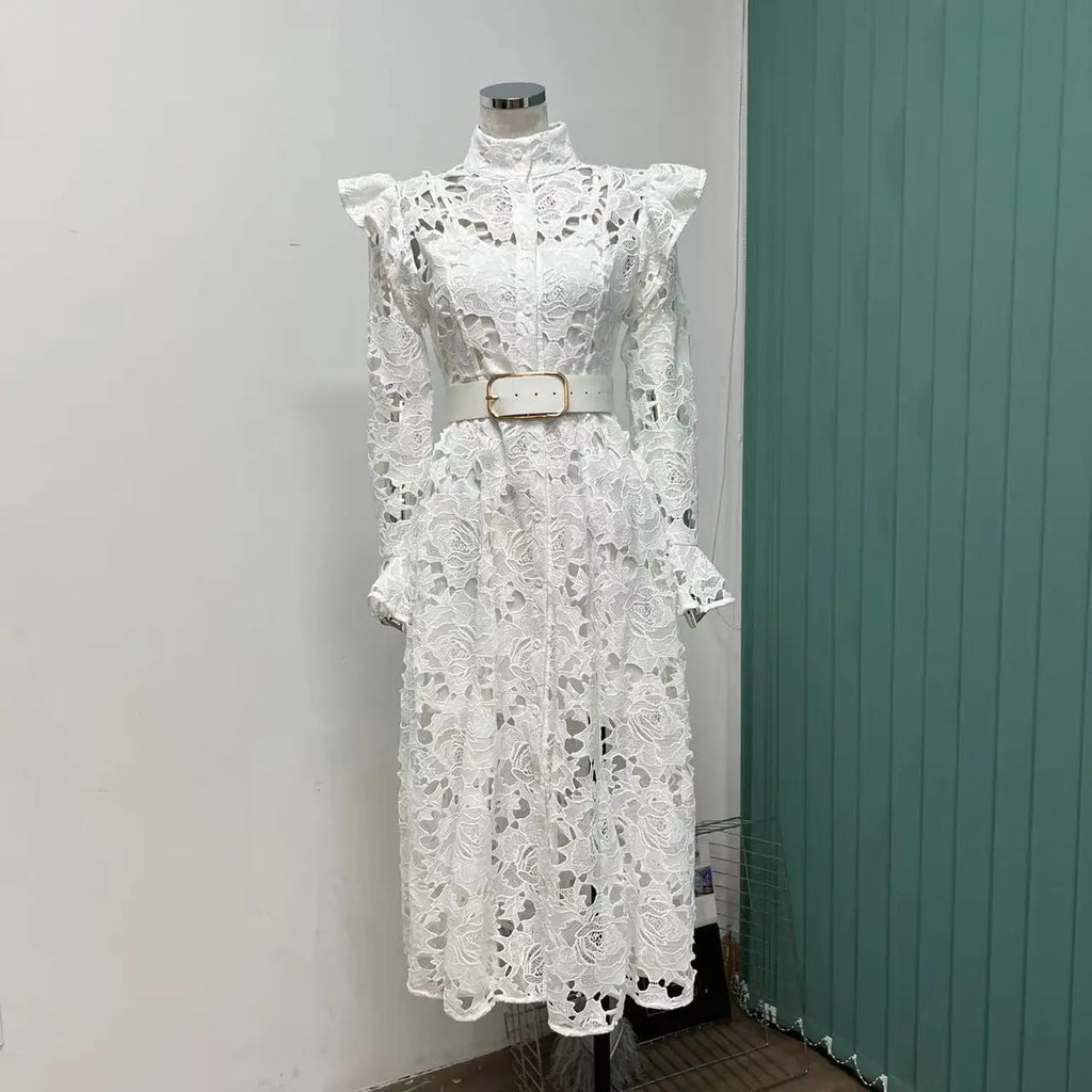 Minimalist Solid Dresses for Women Stand Collar Long Sleeve High Waist Spliced Hollow Out Slim Chic Dress Female Summer 2023