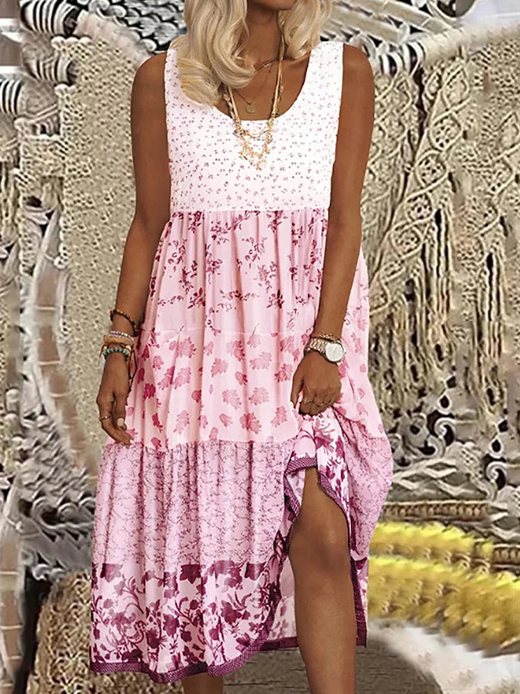 Plus Size Casual Women's Midi Dress 2025 Summer New Floral Printed Sleeveless Flat Neck A-Line Bohemian Beach Dresses