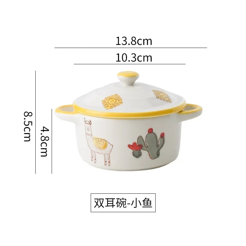 Ceramic Bowl Cartoon Double Ear Bowl with Lid Kid Food Supplement Bowl Ramen Bowl Salad Food Containers Microwave Oven Tableware