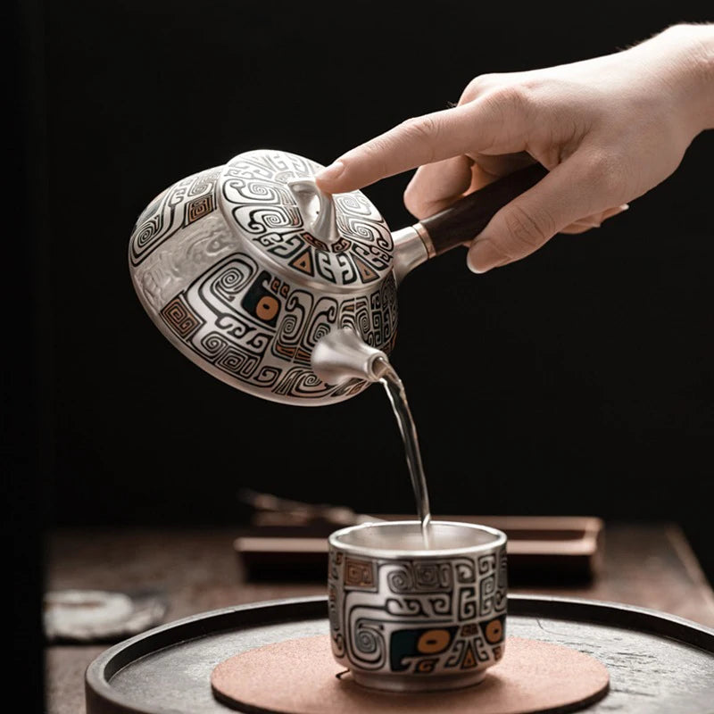 Silver Tea Set 999 Pure Silver Side Handle Stone Ladle Teapot Handmade Gilded Silver Teapot Household Kung Fu Teapot