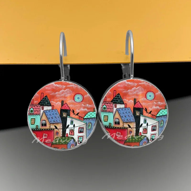 2024 Natural Scenery Earrings beautiful village Women Stud Earring  Abstract Oil Painting House Glass Cabochon Earrings  jewelry
