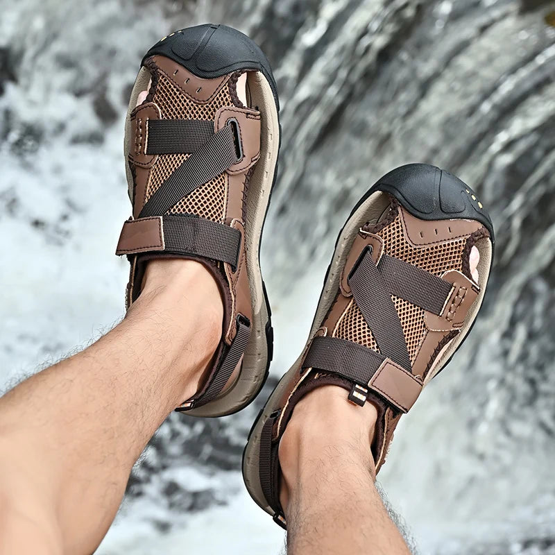 Men's Leather Sandals Durable Non-Slip for Hiking Summer Casual Outdoor Footwear Breathable Mesh Lining Sport Beach Shoes Males