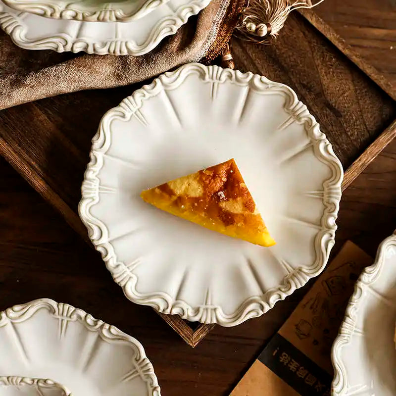 Vintage Ceramic Tableware Set Household Relief Pattern Breakfast Soup Bowl Restaurant High Quality Western Dessert Plates
