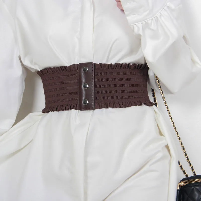 Ruffles Wide Belt Triple Buckle Elegant Elastic Waistband Decorative Dress Girdle for Women Large Size Luxury
