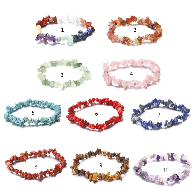 Color Natural Gem Chakras Crystal Bracelet for Men and Women Irregular Roller Polishing Alignment Gravel Bracelet for Meditation