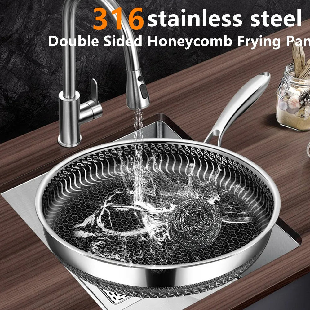316 Stainless Steel Wok Honeycomb Frying Pan Steak Cooking Flat Bottom Non-Stick Pan Induction Cooker Universal Kitchen Cookware