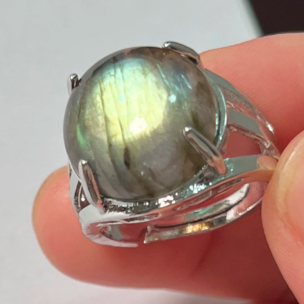 Ring Natural Stone Round Bead Blue Labradorite Adjustable Finger