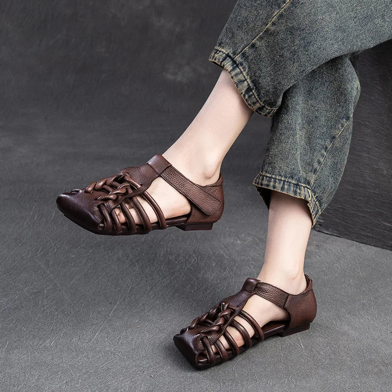 Genuine Leather Sandals Women Handmade Woven Literary Style Hollow Flat Roman Sandals Ladies Summer Shoes Sandalias