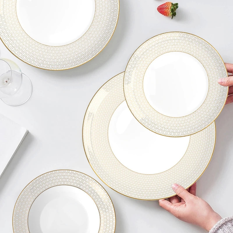 New Bone China Dinner Plates Luxury Gilded Lace Ceramic Tableware Set Feast Porcelain Western Plate Cake Dish Home Decor