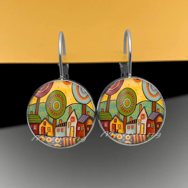 2024 Natural Scenery Earrings beautiful village Women Stud Earring  Abstract Oil Painting House Glass Cabochon Earrings  jewelry