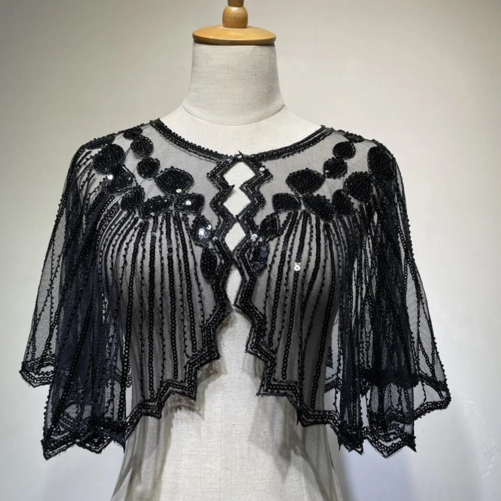 Women's 1920s Shawl Wedding Party Shawl Beaded Sequin Deco Evening Cape Flapper Cover Up Gatsby