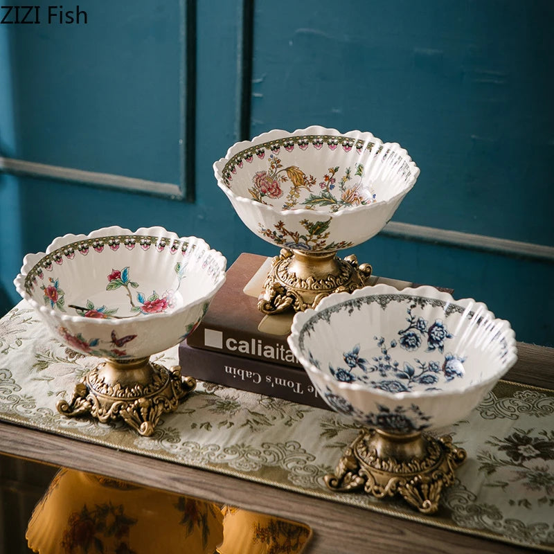Classical Colorful Flower Pattern Fruit Bowl Storage Trays Snack Dessert Plate High Footed Fruits Plate Coffee Table Fruits Tray