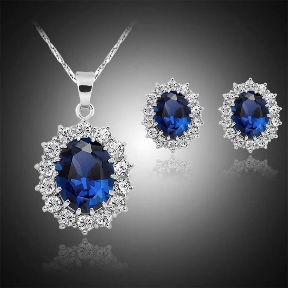 High Quality Jewelry Sets Noble Faux Sapphire Rhinestone Earrings Necklace Jewelry  One Color Necklace Jewelry for Women