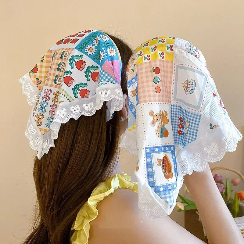 Red Woven Plaid Lace Hair Scarf Wraps Women Retro Triangle Headscarf Hat Travel Photo Headband Girl Hair Accessories