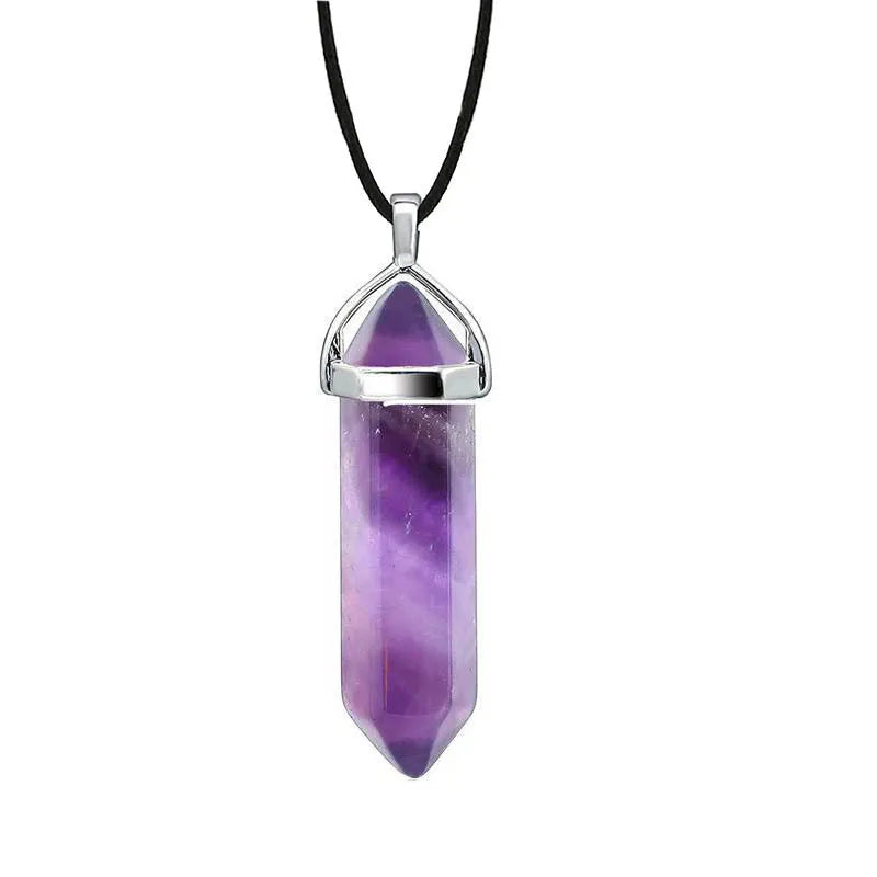 New Hexagonal Column Natural Stone Choker Necklaces Vintage Pink Purple Crystal Pendent Necklace for Women Leather Chain Jewelry