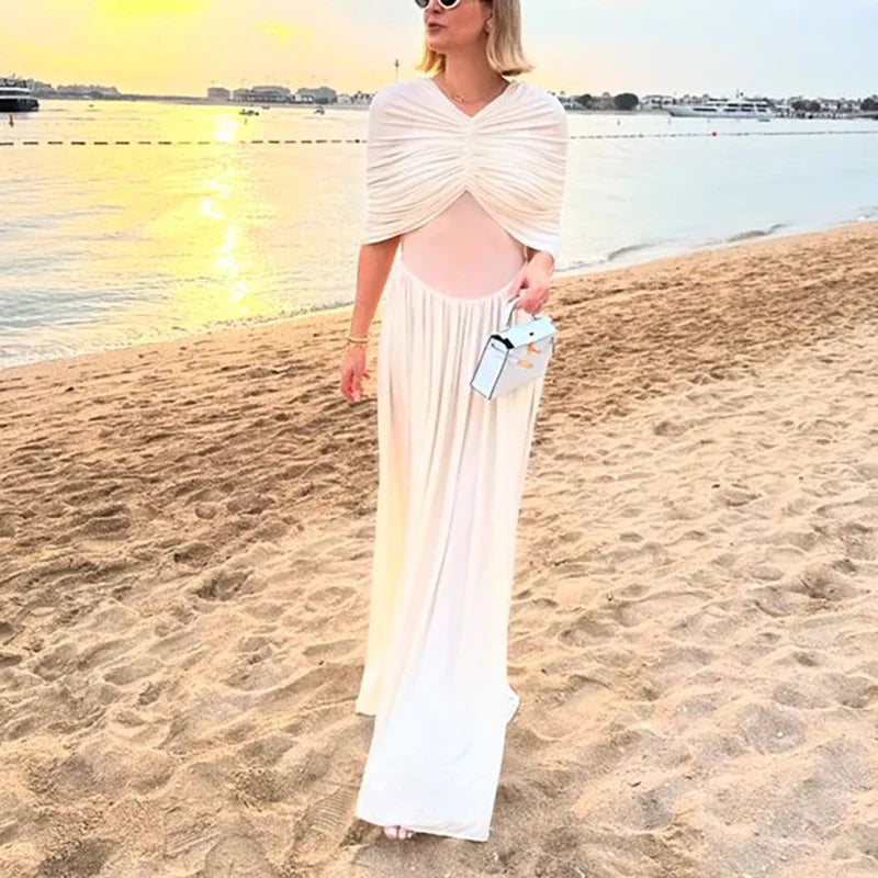 Women Shawl Patchwork Folds High Street Dresses Summer Ladies Elegant Temperament White Lady Chic Evening Gown For Women 2025