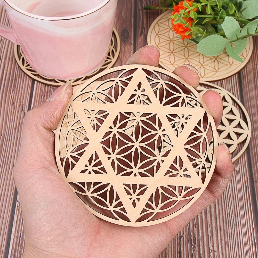 1PCS Chakra Flower of life Natural Symbol Wood Round Edge Circles Carved Coaster For Stone Crystal Set DIY Decor Mats Pads