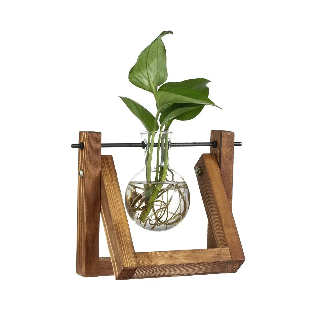 Vintage Hydroponic Plant Vases Glass Vase Vintage Bonsai Flower Pot Terrarium Tabletop Tray Wooden Frame Home Decoration