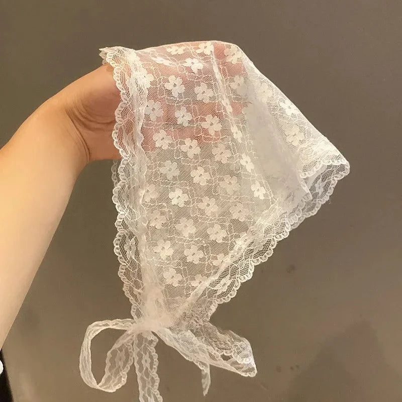 Sweet Flower Triangle Hair Scarf Women Girls Square Scarf Headband Korean French Pastoral Headdress Summer Lace Headwear