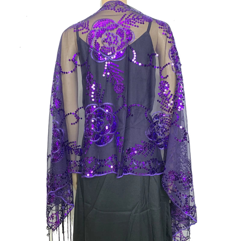 Glitter Sequins Shawls and Wraps for Evening Dresses Women's Mesh Wedding Cape Bridal Bridesmaid Shrugs Fringed Party Shawl