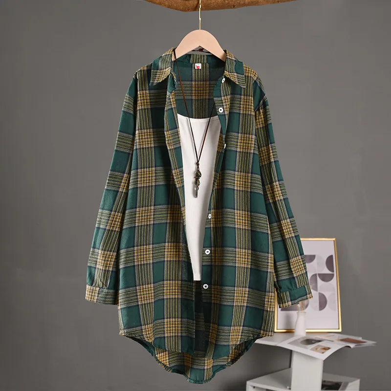 Women's Cotton Linen Plaid Shirt Mid-length Outer Wear Sun Protection Spring and Summer Loose Thin Jacket
