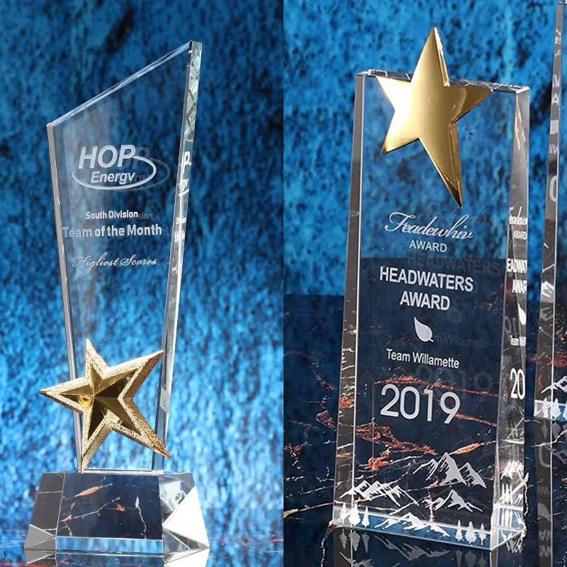 Customized Transparent Crystal Trophy, Gold Silver Copper, Five-Star, Excellent Staff Award, Home Decoration, 1Pc