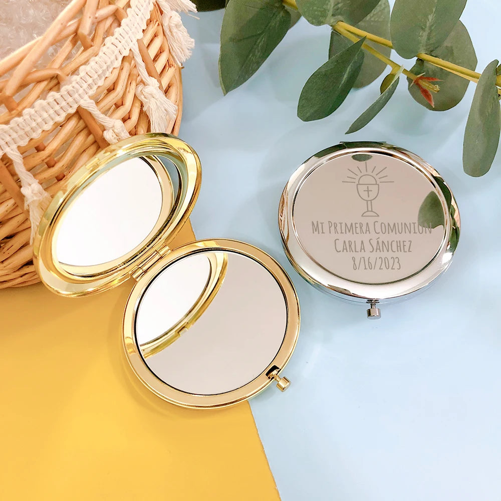 First Communion Party Favors Personalized Communion Gifts for Guests Custom Engraved Metal Compact Mirrors Silver / Gold