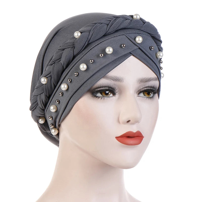 Braid Cross Forehead Women Hijabs with Faux Pearl Decor Solid Color Muslim Female Head Scarf Elegant Turban for Women Elastic