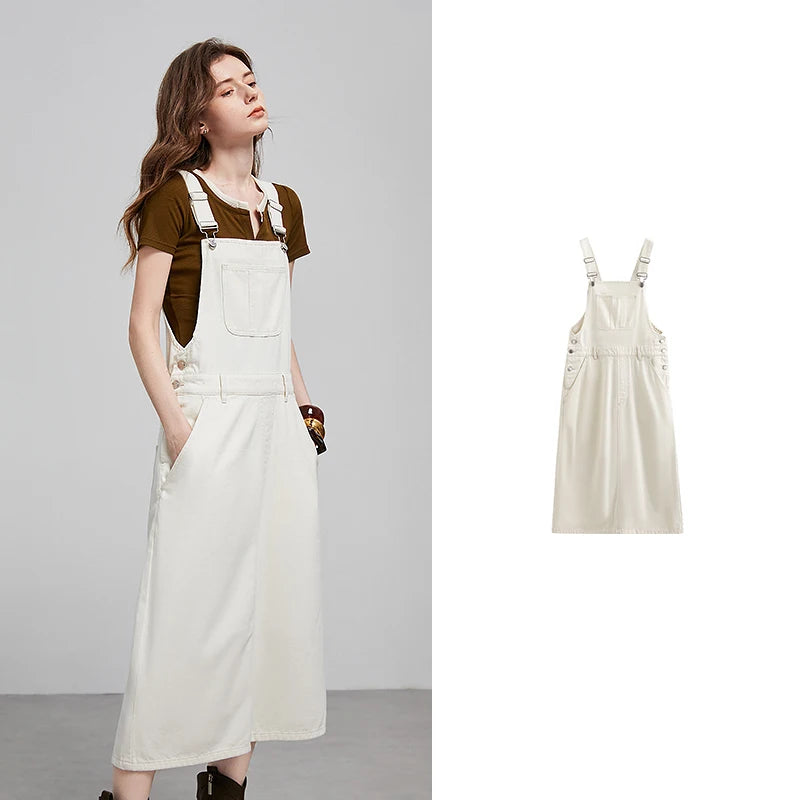 TOYOUTH Women Overalls 2025 Spring New College Style Cotton Medium Length Sleeveless Denim Dress