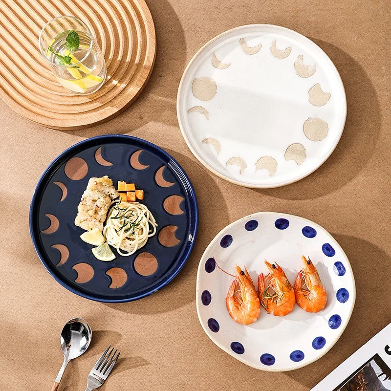 Japanese Vintage Hand Painted Dots Daisy Pottery Deep Plates Creative Moon Star Steak Flat Plate Handmade Salad Dinner Dishes