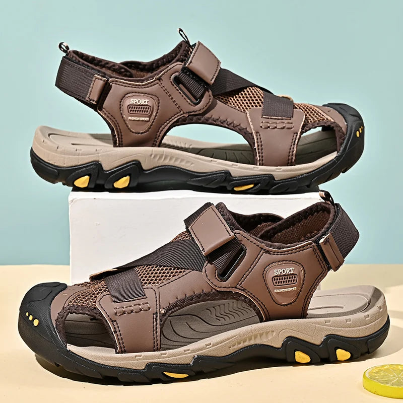 Men's Leather Sandals Durable Non-Slip for Hiking Summer Casual Outdoor Footwear Breathable Mesh Lining Sport Beach Shoes Males