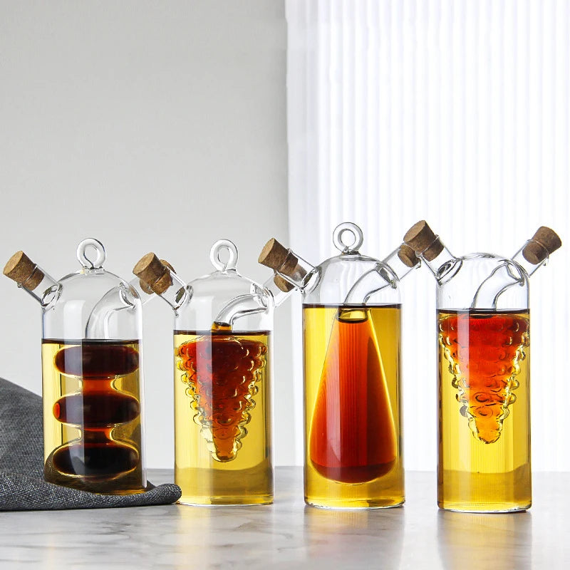 Double-layer Glass Oil Jug 2-in-1 Oil Vinegar Bottle Home Creative Double-mouth Cork Shaped Glass Oil Jug Kitchen Seasoning Tool